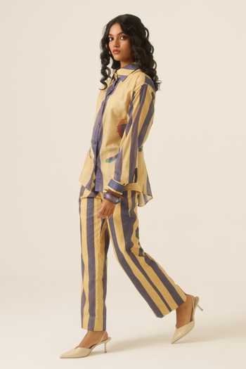 Buy Ananya Agrawal Label Blue Chanderi Collared Neck Jungle Swing Print Shirt And Trouser Set Online at Aza Fashions Buy_Ananya Agrawal Label_Blue Chanderi Collared Neck Jungle Swing Print Shirt And Trouser Set _Online_at_Aza_Fashions