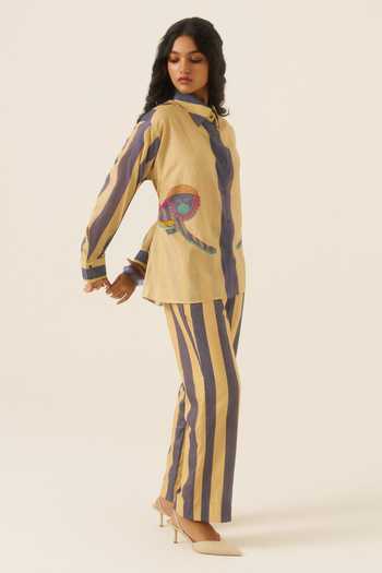 Shop Ananya Agrawal Label Blue Chanderi Collared Neck Jungle Swing Print Shirt And Trouser Set Online at Aza Fashions Shop_Ananya Agrawal Label_Blue Chanderi Collared Neck Jungle Swing Print Shirt And Trouser Set _Online_at_Aza_Fashions