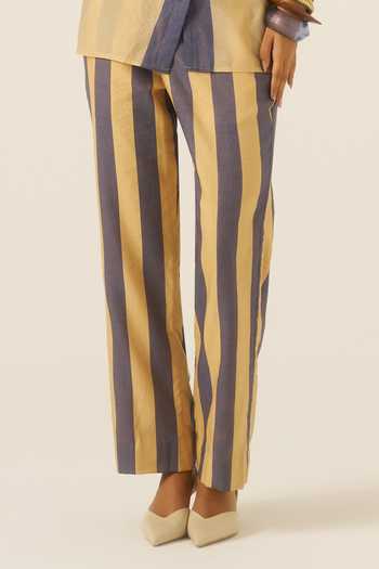 Ananya Agrawal Label Blue Chanderi Collared Neck Jungle Swing Print Shirt And Trouser Set at Aza Fashions Ananya Agrawal Label_Blue Chanderi Collared Neck Jungle Swing Print Shirt And Trouser Set _at_Aza_Fashions