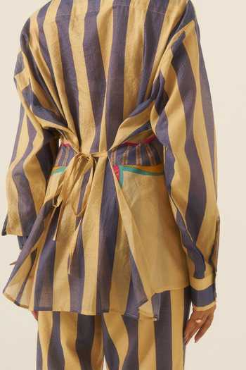 Shop Ananya Agrawal Label Blue Chanderi Collared Neck Jungle Swing Print Shirt And Trouser Set Shop_Ananya Agrawal Label_Blue Chanderi Collared Neck Jungle Swing Print Shirt And Trouser Set