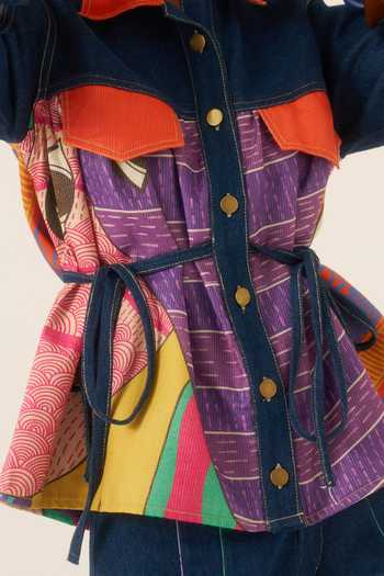 Ananya Agrawal Label Blue Chanderi, Denim Collared Neck Jungle Beat Beyong Lines Print Jacket Set at Aza Fashions Ananya Agrawal Label_Blue Chanderi, Denim Collared Neck Jungle Beat Beyong Lines Print Jacket Set _at_Aza_Fashions
