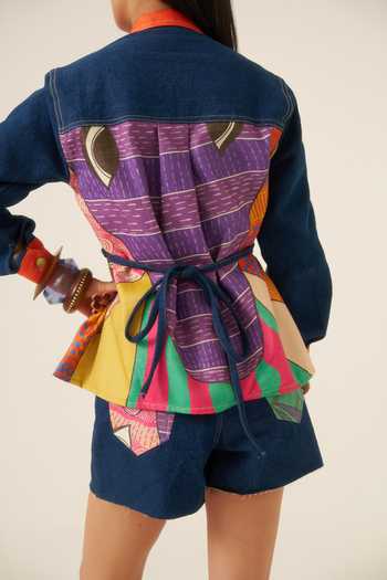 Buy Ananya Agrawal Label Blue Chanderi, Denim Collared Neck Jungle Beat Beyong Lines Print Jacket Set Buy_Ananya Agrawal Label_Blue Chanderi, Denim Collared Neck Jungle Beat Beyong Lines Print Jacket Set