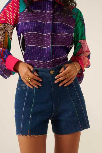 Buy Ananya Agrawal Label Blue Organza, Satin, Denim Collared Neck Jungle Beat Print Shirt And Shorts Set Buy_Ananya Agrawal Label_Blue Organza, Satin, Denim Collared Neck Jungle Beat Print Shirt And Shorts Set