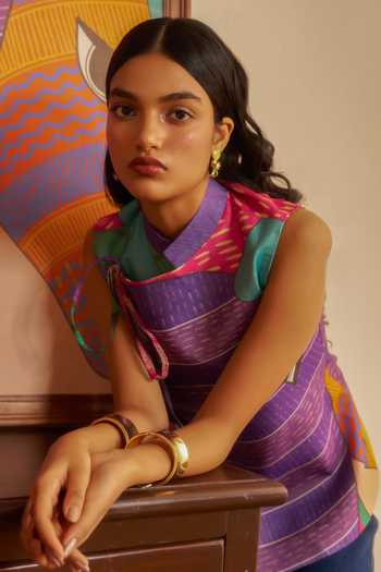 Ananya Agrawal Label Chanderi Mandarin Collar Jungle Beat Print Vest at Aza Fashions Ananya Agrawal Label_Chanderi Mandarin Collar Jungle Beat Print Vest _at_Aza_Fashions