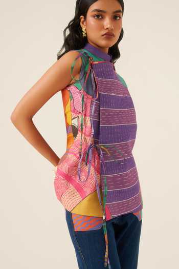 Buy Ananya Agrawal Label Chanderi Mandarin Collar Jungle Beat Print Vest Buy_Ananya Agrawal Label_Chanderi Mandarin Collar Jungle Beat Print Vest