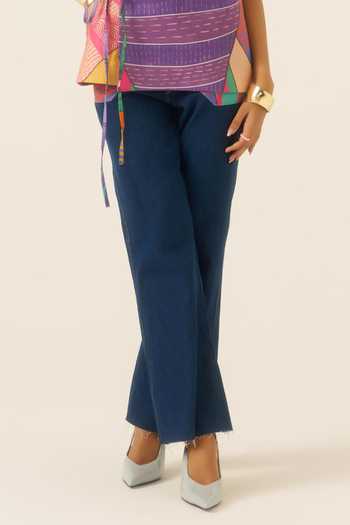 Ananya Agrawal Label Purple Chanderi, Denim High Neck Jungle Beat Print Vest And Trouser Set at Aza Fashions Ananya Agrawal Label_Purple Chanderi, Denim High Neck Jungle Beat Print Vest And Trouser Set _at_Aza_Fashions