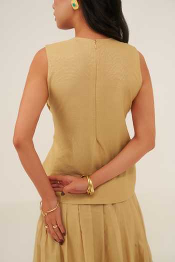 Shop Ananya Agrawal Label Beige Chanderi Round Neck Jungle Swing Print Top And Skirt Set Online at Aza Fashions Shop_Ananya Agrawal Label_Beige Chanderi Round Neck Jungle Swing Print Top And Skirt Set _Online_at_Aza_Fashions