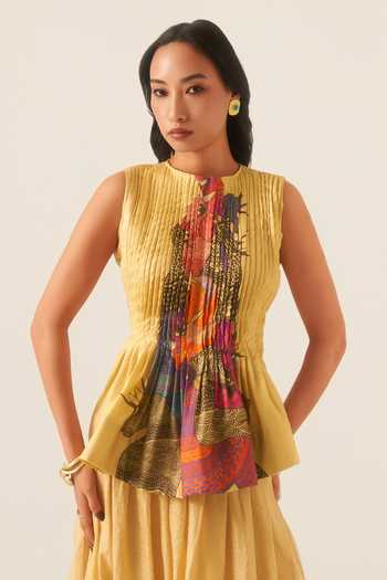 Buy Ananya Agrawal Label Beige Chanderi Round Neck Jungle Swing Print Top And Skirt Set Buy_Ananya Agrawal Label_Beige Chanderi Round Neck Jungle Swing Print Top And Skirt Set