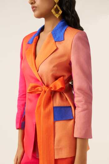 Shop Ananya Agrawal Label Pink Organza, Satin Midnight Print Wrap Blazer Shop_Ananya Agrawal Label_Pink Organza, Satin Midnight Print Wrap Blazer