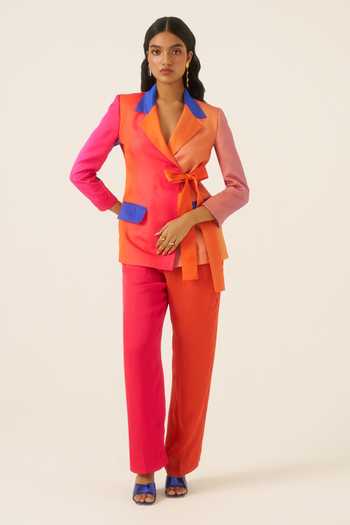 Shop Ananya Agrawal Label Multi Color Organza, Satin Midnight Print Wrap Blazer And Trouser Set Shop_Ananya Agrawal Label_Multi Color Organza, Satin Midnight Print Wrap Blazer And Trouser Set
