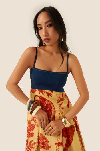 Shop Ananya Agrawal Label Multi Color Organza, Satin, Denim Square Neck Mythical Print Maxi Dress Online at Aza Fashions Shop_Ananya Agrawal Label_Multi Color Organza, Satin, Denim Square Neck Mythical Print Maxi Dress _Online_at_Aza_Fashions