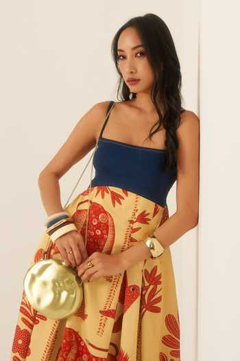 Ananya Agrawal Label Multi Color Organza, Satin, Denim Square Neck Mythical Print Maxi Dress at Aza Fashions Ananya Agrawal Label_Multi Color Organza, Satin, Denim Square Neck Mythical Print Maxi Dress _at_Aza_Fashions