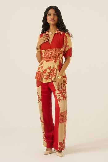 Buy Ananya Agrawal Label Red Organza, Satin V-, Collared Mythical Print Peplum Top Online at Aza Fashions Buy_Ananya Agrawal Label_Red Organza, Satin V-, Collared Mythical Print Peplum Top _Online_at_Aza_Fashions