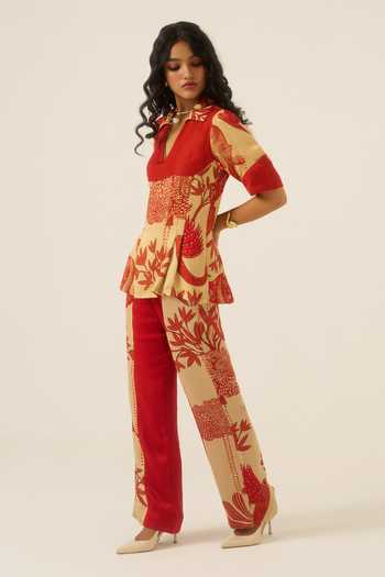 Shop Ananya Agrawal Label Red Organza, Satin V-, Collared Mythical Print Peplum Top Online at Aza Fashions Shop_Ananya Agrawal Label_Red Organza, Satin V-, Collared Mythical Print Peplum Top _Online_at_Aza_Fashions