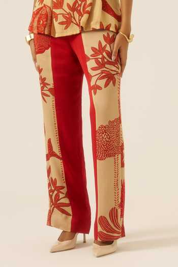 Shop Ananya Agrawal Label Red Organza, Satin V-neck Mythical Print Peplum Top And Trouser Set Online at Aza Fashions Shop_Ananya Agrawal Label_Red Organza, Satin V-neck Mythical Print Peplum Top And Trouser Set _Online_at_Aza_Fashions