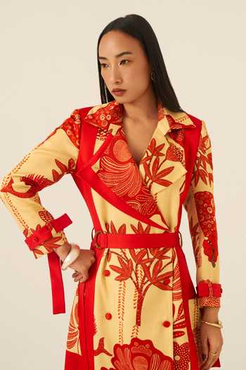 Buy Ananya Agrawal Label Beige Organza, Satin Collared Neck Mythical Print Trench Dress Online at Aza Fashions Buy_Ananya Agrawal Label_Beige Organza, Satin Collared Neck Mythical Print Trench Dress _Online_at_Aza_Fashions