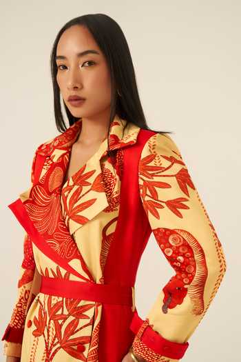 Ananya Agrawal Label Beige Organza, Satin Collared Neck Mythical Print Trench Dress at Aza Fashions Ananya Agrawal Label_Beige Organza, Satin Collared Neck Mythical Print Trench Dress _at_Aza_Fashions