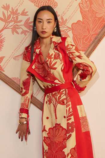 Buy Ananya Agrawal Label Beige Organza, Satin Collared Neck Mythical Print Trench Dress Buy_Ananya Agrawal Label_Beige Organza, Satin Collared Neck Mythical Print Trench Dress