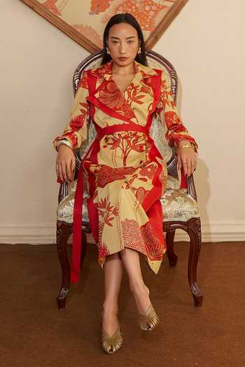 Shop Ananya Agrawal Label Beige Organza, Satin Collared Neck Mythical Print Trench Dress Shop_Ananya Agrawal Label_Beige Organza, Satin Collared Neck Mythical Print Trench Dress