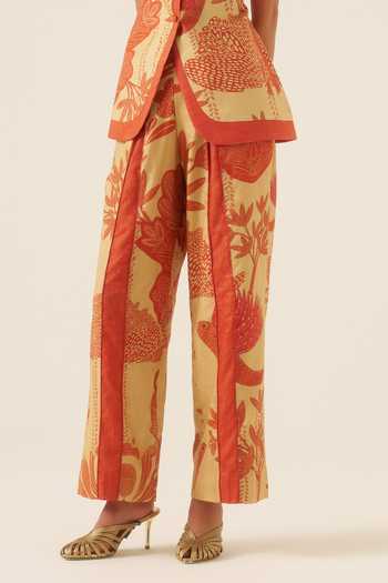 Shop Ananya Agrawal Label Beige Chanderi Mandarin Collar Mythical Print Vest And Trouser Set Online at Aza Fashions Shop_Ananya Agrawal Label_Beige Chanderi Mandarin Collar Mythical Print Vest And Trouser Set _Online_at_Aza_Fashions