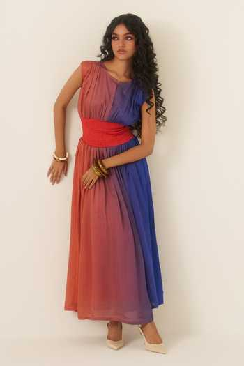 Shop Ananya Agrawal Label Blue Organza, Satin Sunset Gradient Smocked Maxi Dress Online at Aza Fashions Shop_Ananya Agrawal Label_Blue Organza, Satin Sunset Gradient Smocked Maxi Dress _Online_at_Aza_Fashions