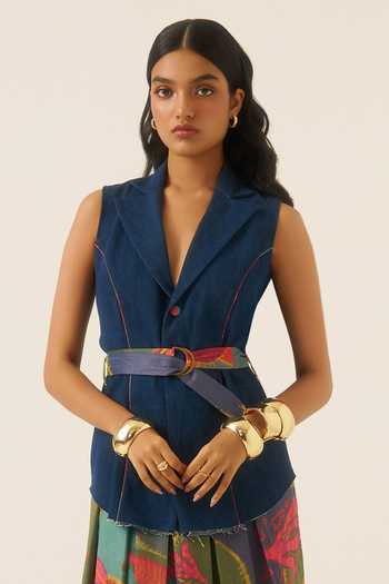 Ananya Agrawal Label Denim Vest With Forest Mosaic Print Belt 