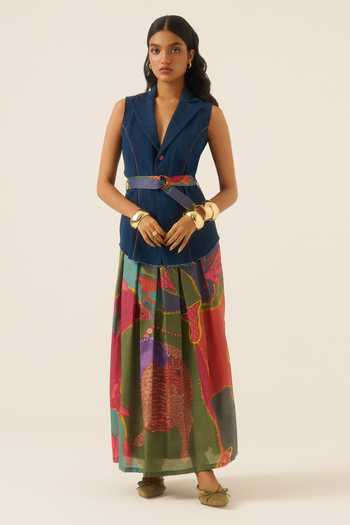 Shop Ananya Agrawal Label Blue Chanderi, Denim Notched Neck Vest With Forest Mosaic Print Belt Online at Aza Fashions Shop_Ananya Agrawal Label_Blue Chanderi, Denim Notched Neck Vest With Forest Mosaic Print Belt _Online_at_Aza_Fashions
