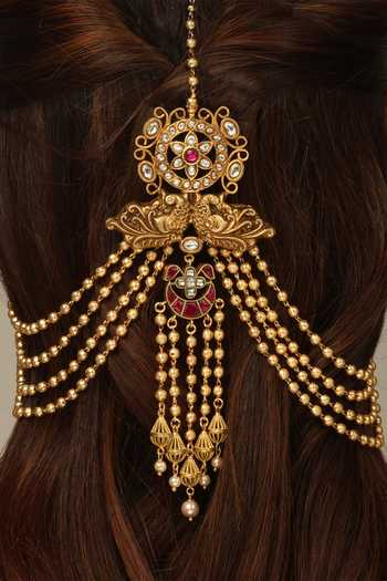 Joules by Radhika_Gold Ravika Hair Brooch With Chain _Online_at_Aza_Fashions