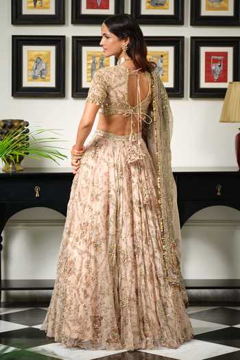 Shop Mahima Mahajan Beige Silk Organza V-neck Ami Hand Work Embellished Lehenga Set at Aza Fashions Shop_Mahima Mahajan_Beige Silk Organza V-neck Ami Hand Work Embellished Lehenga Set _at_Aza_Fashions