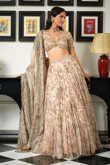 Shop Mahima Mahajan Beige Silk Organza V-neck Ami Hand Work Embellished Lehenga Set Online at Aza Fashions Shop_Mahima Mahajan_Beige Silk Organza V-neck Ami Hand Work Embellished Lehenga Set _Online_at_Aza_Fashions