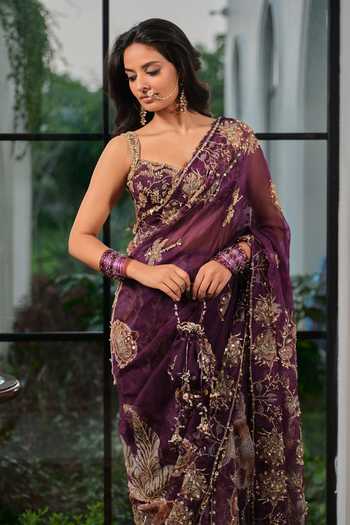Mahima Mahajan_Purple Silk Organza Sweetheart Neck Arisha Embroidered Saree With Blouse _Online_at_Aza_Fashions