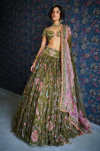 Shop_Mahima Mahajan_Green Silk Organza Sweetheart Neck Dusa Floral Embroidered Lehenga Set _Online_at_Aza_Fashions