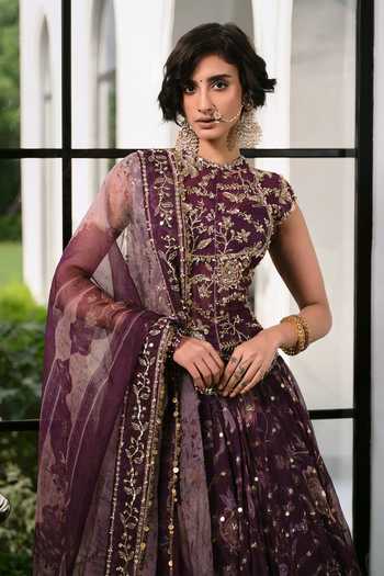Buy_Mahima Mahajan_Purple Silk Organza High Neck Ghazal Embroidered Anarkali With Dupatta _Online_at_Aza_Fashions