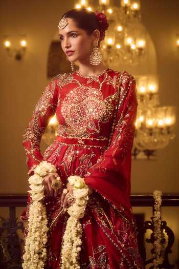Buy_Mahima Mahajan_Red , Organza, Velvet Round Huda Printed Trail Anarkali With Dupatta _Online_at_Aza_Fashions