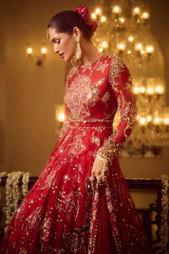 Shop_Mahima Mahajan_Red , Organza, Velvet Round Huda Printed Trail Anarkali With Dupatta _Online_at_Aza_Fashions