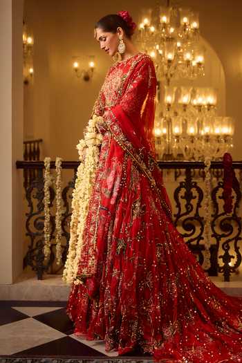 Shop_Mahima Mahajan_Red , Organza, Velvet Round Huda Printed Trail Anarkali With Dupatta 