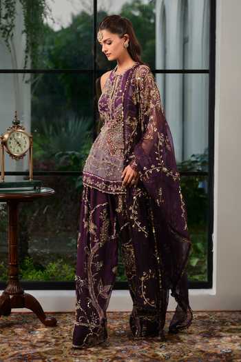 Buy_Mahima Mahajan_Purple Silk Organza Keyhole Neck Ilham Embroidered Shirt Kurta Pant Set _Online_at_Aza_Fashions