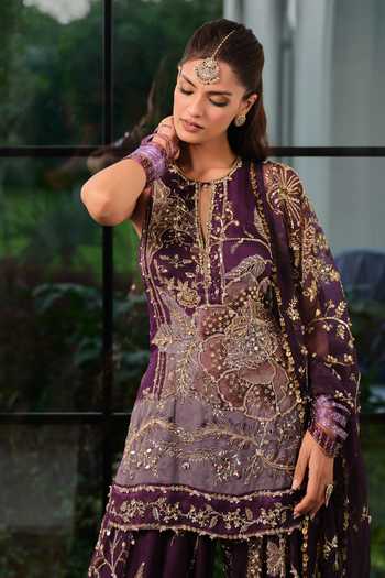 Mahima Mahajan_Purple Silk Organza Keyhole Neck Ilham Embroidered Shirt Kurta Pant Set _at_Aza_Fashions