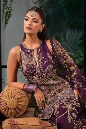 Buy_Mahima Mahajan_Purple Silk Organza Keyhole Neck Ilham Embroidered Shirt Kurta Pant Set 
