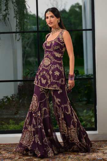 Mahima Mahajan Purple Silk Organza Square Neck, Yes Iqra Embroidered Kurta Sharara Set Online at Aza Fashions Mahima Mahajan_Purple Silk Organza Square Neck, Yes Iqra Embroidered Kurta Sharara Set _Online_at_Aza_Fashions
