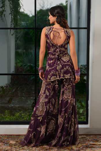 Shop Mahima Mahajan Purple Silk Organza Square Neck, Yes Iqra Embroidered Kurta Sharara Set at Aza Fashions Shop_Mahima Mahajan_Purple Silk Organza Square Neck, Yes Iqra Embroidered Kurta Sharara Set _at_Aza_Fashions