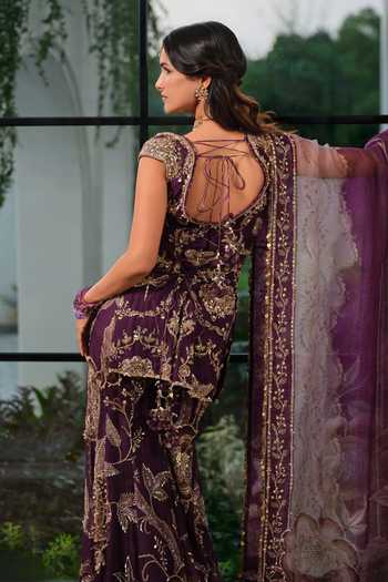 Shop Mahima Mahajan Purple Silk Organza Square Neck, Yes Iqra Embroidered Kurta Sharara Set Online at Aza Fashions Shop_Mahima Mahajan_Purple Silk Organza Square Neck, Yes Iqra Embroidered Kurta Sharara Set _Online_at_Aza_Fashions