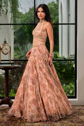 Buy_Mahima Mahajan_Pink Silk Organza Plunge Neck Jagruti Floral Embroidered Lehenga Set _Online_at_Aza_Fashions