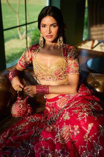 Buy_Mahima Mahajan_Pink , Organza, Velvet Square Neck Karim Embroidered Lehenga Set _Online_at_Aza_Fashions