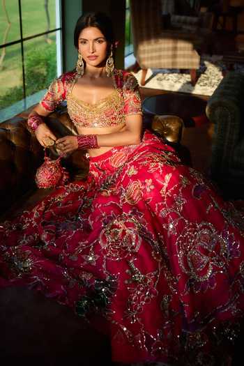 Mahima Mahajan_Pink , Organza, Velvet Square Neck Karim Embroidered Lehenga Set _at_Aza_Fashions
