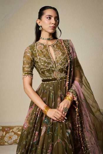 Mahima Mahajan Olive Green , Organza, Velvet, Laila Embroidered Anarkali With Dupatta Online at Aza Fashions Mahima Mahajan_Olive Green , Organza, Velvet, Laila Embroidered Anarkali With Dupatta _Online_at_Aza_Fashions