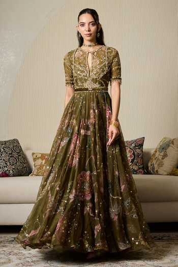 Buy Mahima Mahajan Olive Green , Organza, Velvet, Laila Embroidered Anarkali With Dupatta Online at Aza Fashions Buy_Mahima Mahajan_Olive Green , Organza, Velvet, Laila Embroidered Anarkali With Dupatta _Online_at_Aza_Fashions