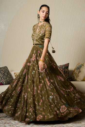 Shop Mahima Mahajan Olive Green , Organza, Velvet, Laila Embroidered Anarkali With Dupatta Online at Aza Fashions Shop_Mahima Mahajan_Olive Green , Organza, Velvet, Laila Embroidered Anarkali With Dupatta _Online_at_Aza_Fashions