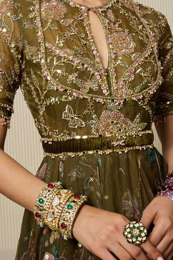 Buy Mahima Mahajan Olive Green , Organza, Velvet, Laila Embroidered Anarkali With Dupatta Buy_Mahima Mahajan_Olive Green , Organza, Velvet, Laila Embroidered Anarkali With Dupatta