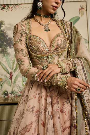 Shop Mahima Mahajan Beige Silk Organza Sweetheart Neck Lina Embroidered Anarkali With Dupatta Online at Aza Fashions Shop_Mahima Mahajan_Beige Silk Organza Sweetheart Neck Lina Embroidered Anarkali With Dupatta _Online_at_Aza_Fashions
